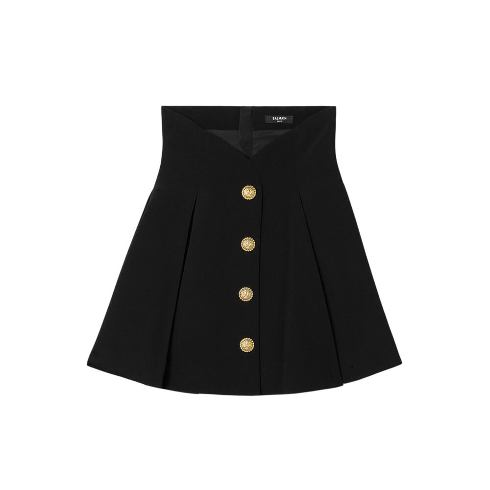 Balmain Elegant Black Button Embellished Pleated Crepe Mini Skirt Size 4 US /